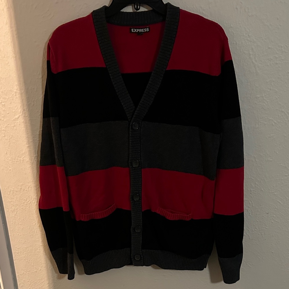 Express Men's Striped Cardigan in Red, Black, and Gray